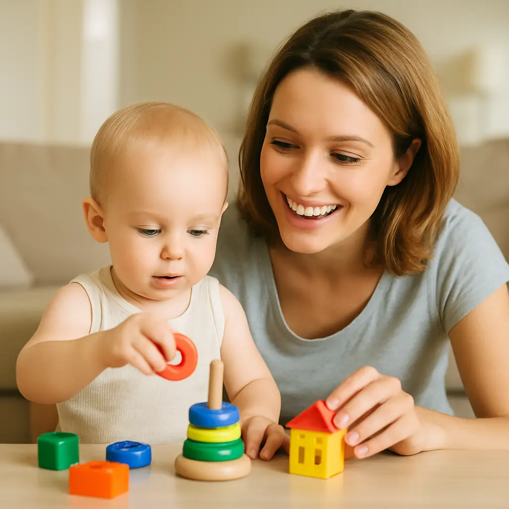 kid playing with toys and mother